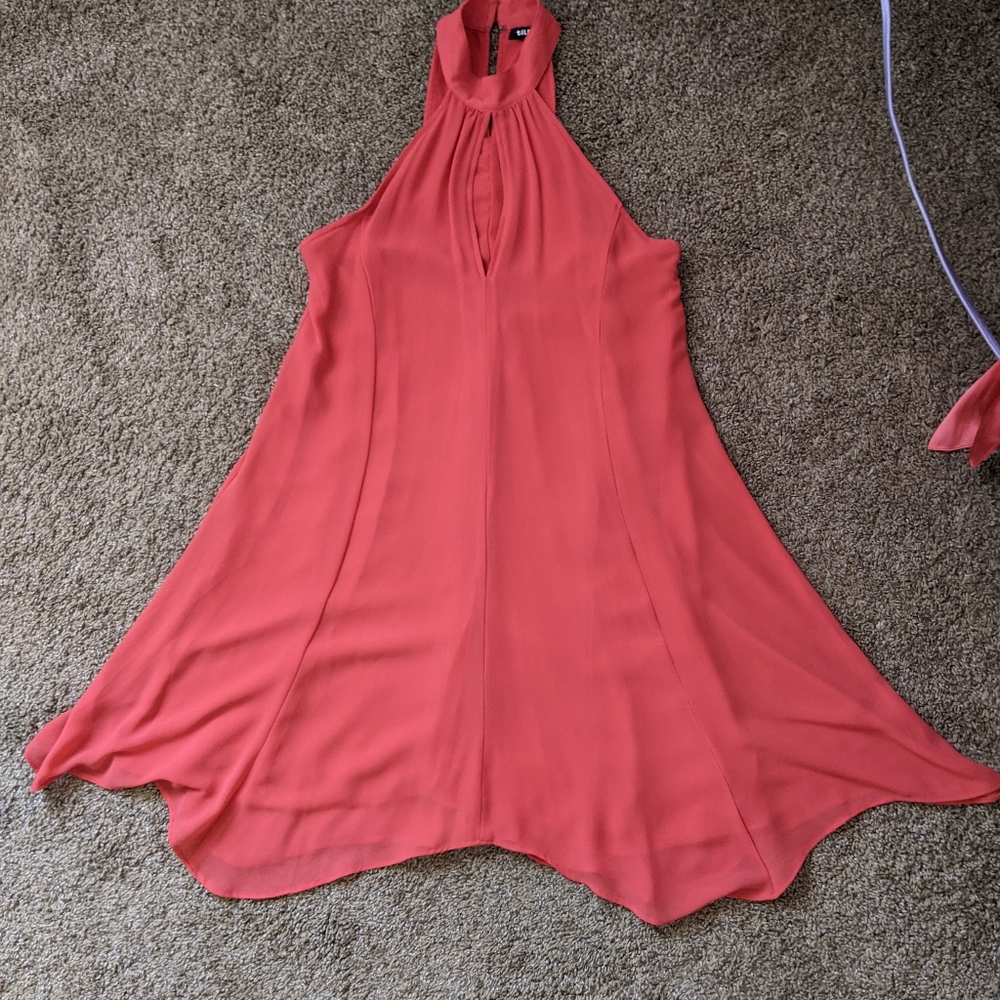 pink-red halter petal skirt dress